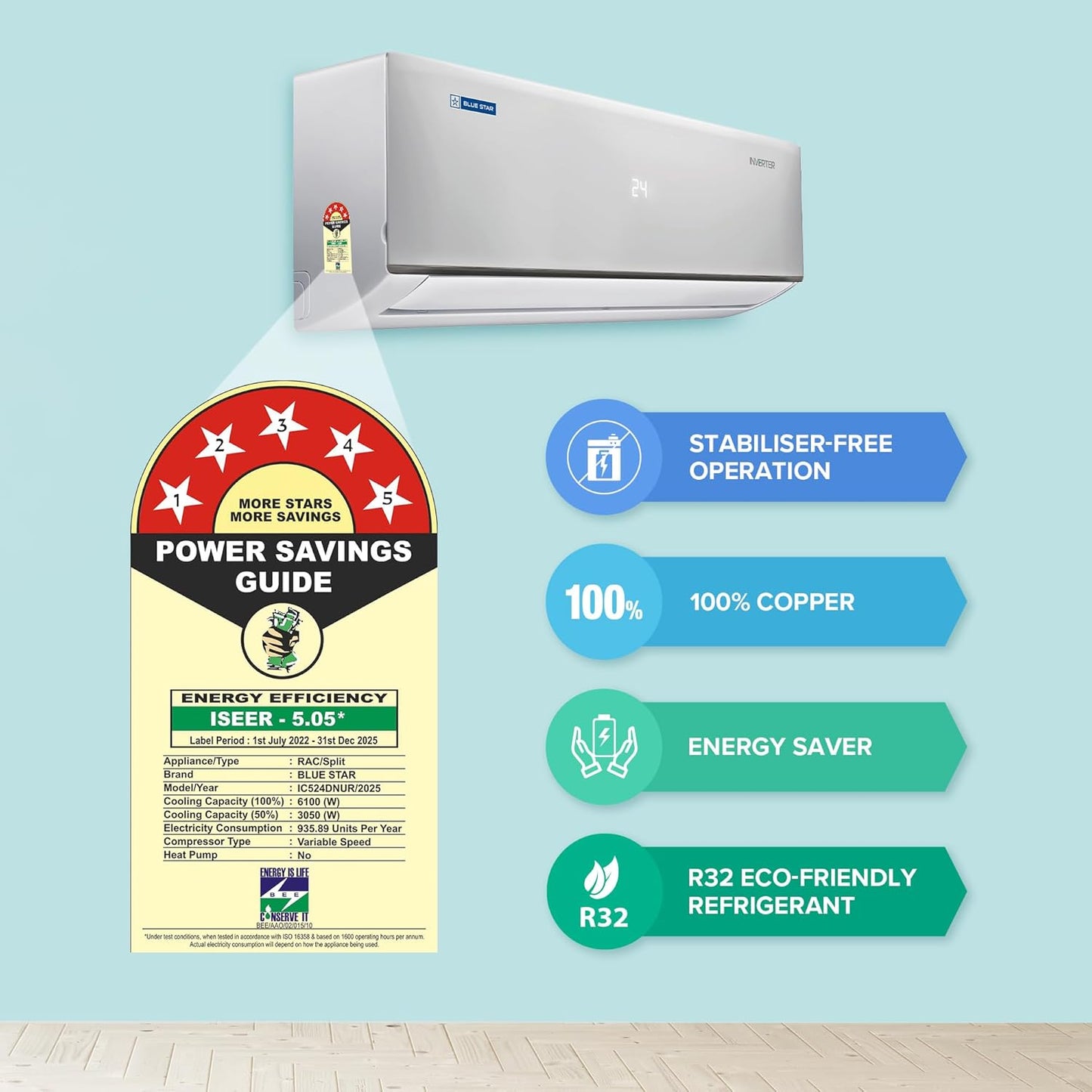 Bluestar 2 Ton 5 Star, 60 Months Warranty, Inverter Split AC (Copper, Convertible 5 in 1 Cooling, Multi Sensors, Dust Filter Blue Fins, Self Diagnosis, 2024 Model,IC524DNUR,White)
