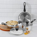Vinod Veneto Stainless Steel Cookware Set of 3 | 1.7 Ltr Kadai, 1.5 Ltr Saucepan, 1.7 Ltr Frypan with Glass Lid | Ergonomic Hanldes | Induction Base | 2 Year Warranty - Silver