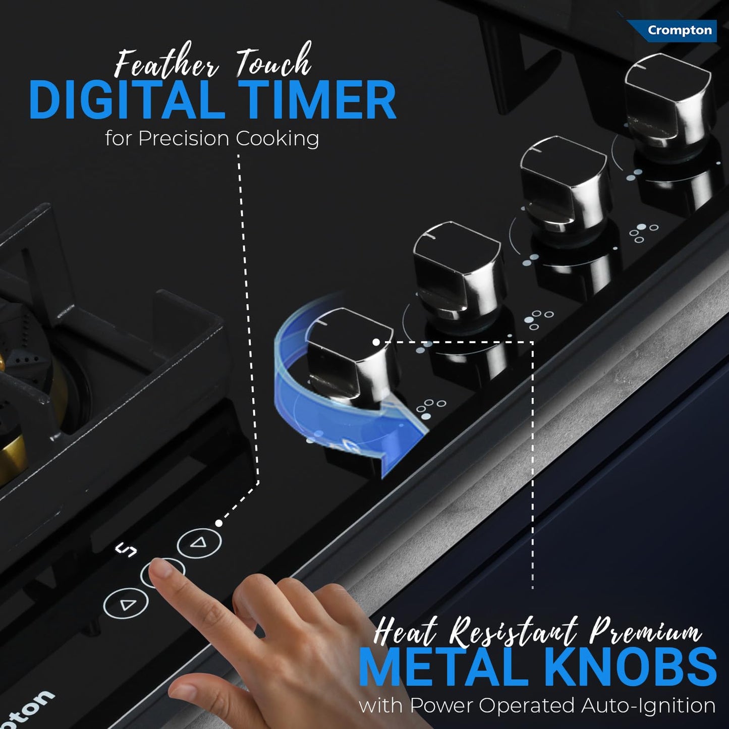 Crompton Optime 78 cm 4 Burners Built-in Glass HOB with Digital Timer, Full Brass Burners & 3D Flame Technology (HOB-OPFB784TI-MBL, Midnight Black)