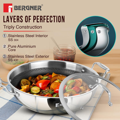 BERGNER Hi-Tech TriPly Stainless Steel 22cm (2.25 L) Kadai with Glass Lid, Honeycomb Non-Stick Coating, Non-Toxic, Healthy, Less Oil Use, Durable Handles with Excellent Grip - Induction and Gas Ready
