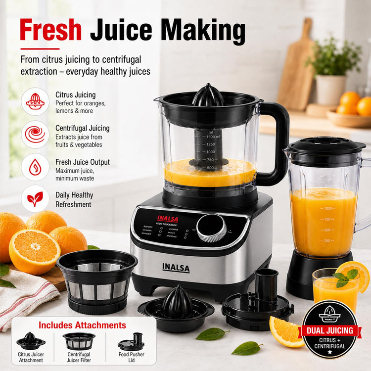 INALSA food processor for kitchen with Mixer Grinder Juicer|1200 Watt Copper Motor|3 Jars|2.5 L Processing Jar|Chopping & Kneading Blade|Centrifugal/Citrus Juicer|Shredding|Slicing-INOX 1200