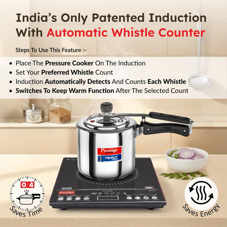 Prestige PIC 3.1 V3 2000 Watts Induction Cooktop | Patented Automatic Whistle Counter | 4KV Surge Protection | 7 Preset Indian Menu Options With Timer | Touch Button | Black | 1Y Warranty | BIS
