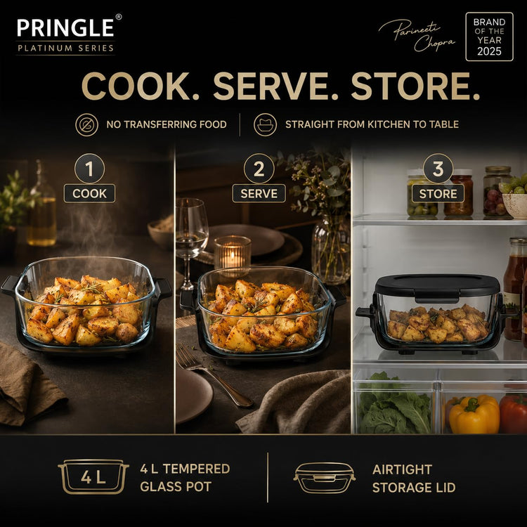 Pringle AirClear Glass Air Fryer 5.5L | Dual Bowl | 1500W | 8 Cooking Modes, 5.5 L total capacity with 4 L + 1.5 L glass bowls for flexible cooking and serving