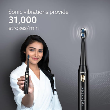 AGARO COSMIC LITE Sonic Electric Tooth Brush For Adults With 5 Modes, 2 Brush Heads & Rechargeable With 4 Hours Charge Lasting Up To 25 Days, Power Toothbrush, (Black)