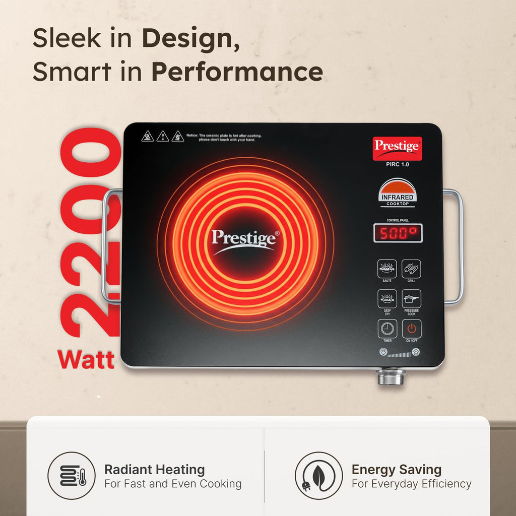 Prestige PIRC 1.0 2200 Watts Infrared Cooktop | Preset Indian Menu Options & Timer | Compatible With Any Metal Cookware With Flat Bottom | Easy to clean | Portable | Black | 1Y Warranty | BIS