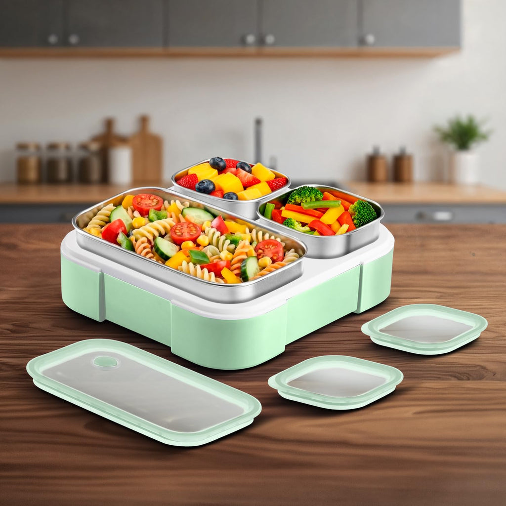 VAYA TYDBYT Stainless Steel Tiffin Box for Men, Kids Girls,1 Large & 2 Small Compartments, Bento Lunch Box, Smart Portions for Balanced Meals, Winter Mint