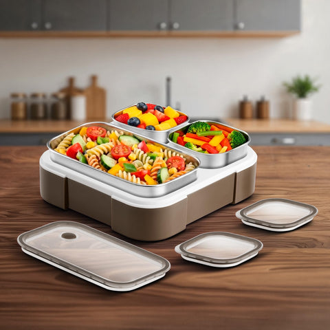 VAYA Stainless Steel Tiffin Box for Men, Kids Girls,1 Large & 2 Small Compartments, Bento Lunch Box, Smart Portions for Balanced Meals, Brown