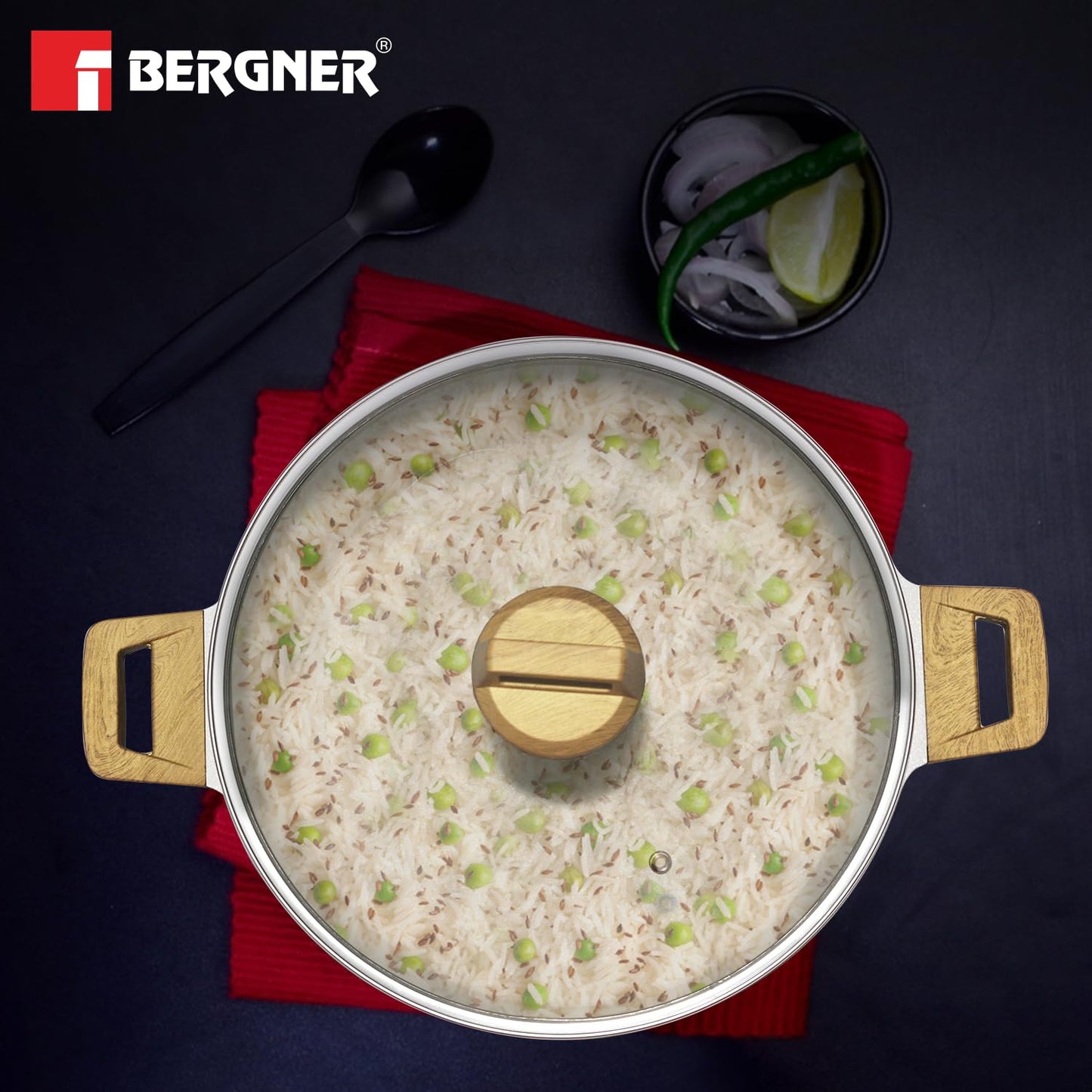 Bergner Naturally Cast Aluminum 32cm (9 L) Casserole with Glass Lid, Marble Non-Stick Coating, Less Oil Use, Scratch Resistant, Soft Touch Stylish Handles - Induction Bottom, Free Non-Woven Trivet