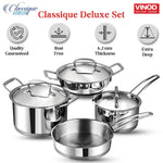 Vinod Classique Deluxe Stainless Steel Cookware Set of 4 pcs/Saucepan, Saucepot, Kadai and Frypan/Steel Utensils Cooking Set for Kitchen, Heavy Induction Bottom - 2 Year Warranty