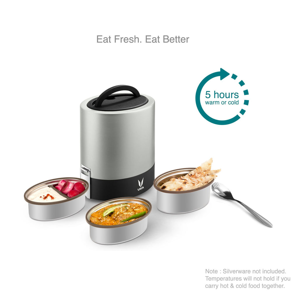 VAYA TYFFYN Lunch Box for Office for Men, with Polished Stainless Steel Containers,1000ml Vacuum Insulated Hot Lunch Box Without BagMat, Leakproof Hot Tiffin Box with 3 Compartments,Silver