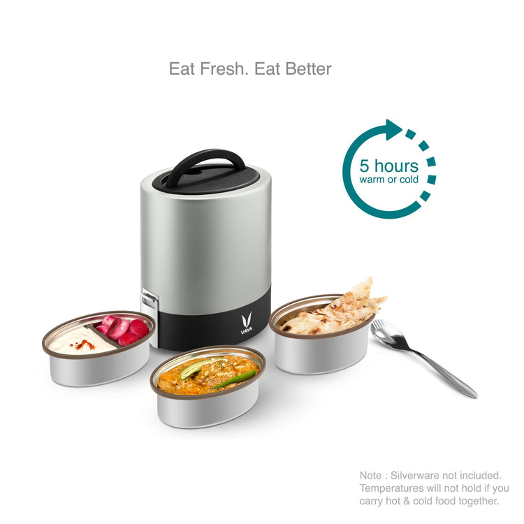 VAYA TYFFYN Lunch Box for Office for Men, with Polished Stainless Steel Containers,1000ml Vacuum Insulated Hot Lunch Box Without BagMat, Leakproof Hot Tiffin Box with 3 Compartments,Silver