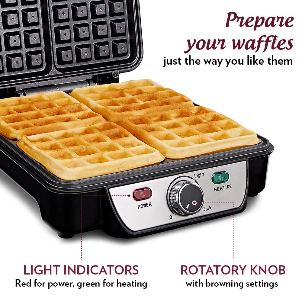 Borosil 1100W Jumbo Waffle Maker | Can Make 4 Waffles At a Time | Non-Stick Coating Plates Opens to 105°, BPA & PTFE Free | Power Indicators | 2 Year Warranty