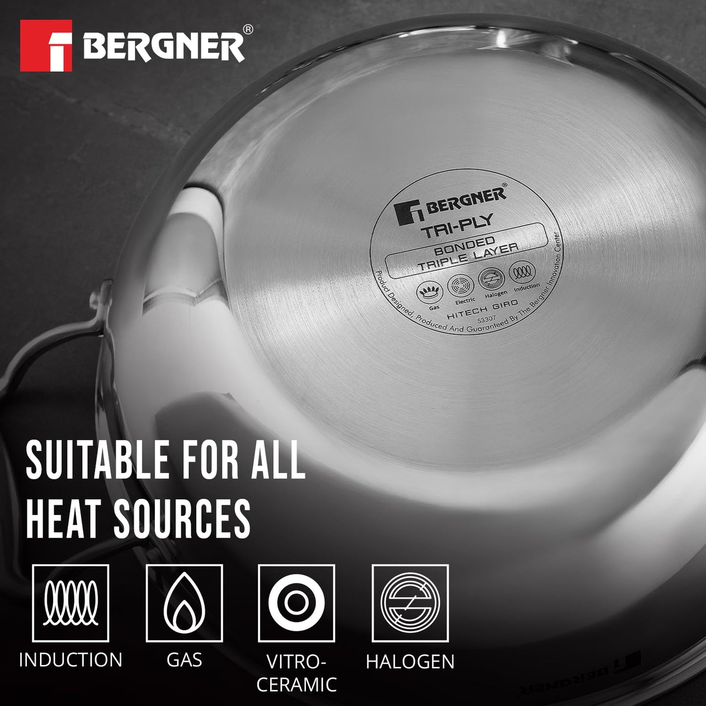 Bergner Hi-Tech TriPly Stainless Steel 20cm (1.5L) Kadai with Glass Lid, Honeycomb Non-Stick Coating, Non-Toxic, Healthy Cooking, Less Oil Use, Durable Handle, Excellent Grip - Induction and Gas Ready