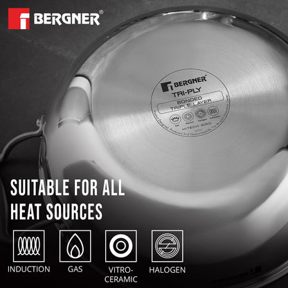 Bergner Hi-Tech TriPly Stainless Steel 20cm (1.5L) Kadai with Glass Lid, Honeycomb Non-Stick Coating, Non-Toxic, Healthy Cooking, Less Oil Use, Durable Handle, Excellent Grip - Induction and Gas Ready