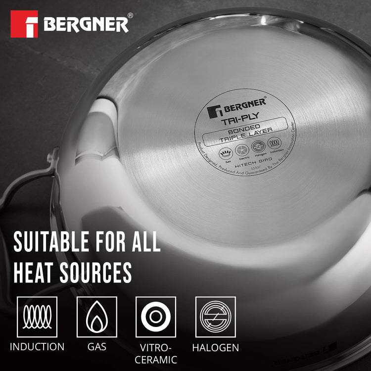 Bergner Hi-Tech Tri-Ply Stainless Steel 24cm (2.5L) Kadai with Stainless Steel Lid, Non-Stick Kadhai with Honeycomb Mesh Coating Inside, Rivetless Handles, PFOA Free - Induction and Gas Stove Ready