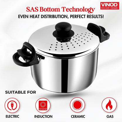Vinod Stainless Steel Rice Pot with Strainer Lid - 4 L, 20cm | Noodles & Pasta Steamer, Rice Maker Cooker & Veggies Boiler with Locking Handles, 3-Layer SAS Induction Bottom, Small - 2 Year Warranty