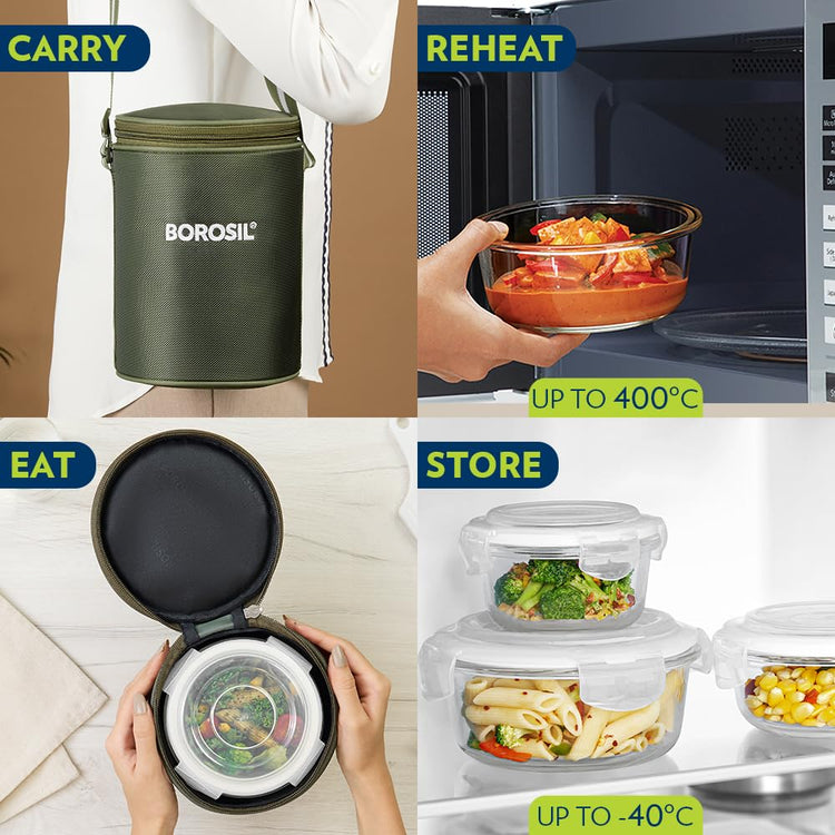 Borosil Eateasy Borosilicate Glass Lunchbox with Bag | 3 pc Round Container Set (400 ml Each) | Microwave & Dishwasher Safe, Leakproof | Tiffin for Office, School, College | Transparent