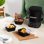 Borosil Kube Black Borosilicate Glass Lunchbox with Bag | 3 pc Square Container Set (320 ml Each) | Microwave & Dishwasher Safe, Leakproof | Tiffin for Office, School, College