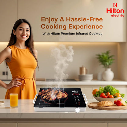 Hilton Electric Premium 2200-watt Radiant Infrared Cooktop with Free Stainless Steel Grill for barbecue |3 Preset Functions | Digital Display |Timer Control | Over Heating Protection(1 Year Warranty)