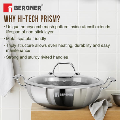 BERGNER Hi-Tech TriPly Stainless Steel 22cm (2.25 L) Kadai with Glass Lid, Honeycomb Non-Stick Coating, Non-Toxic, Healthy, Less Oil Use, Durable Handles with Excellent Grip - Induction and Gas Ready