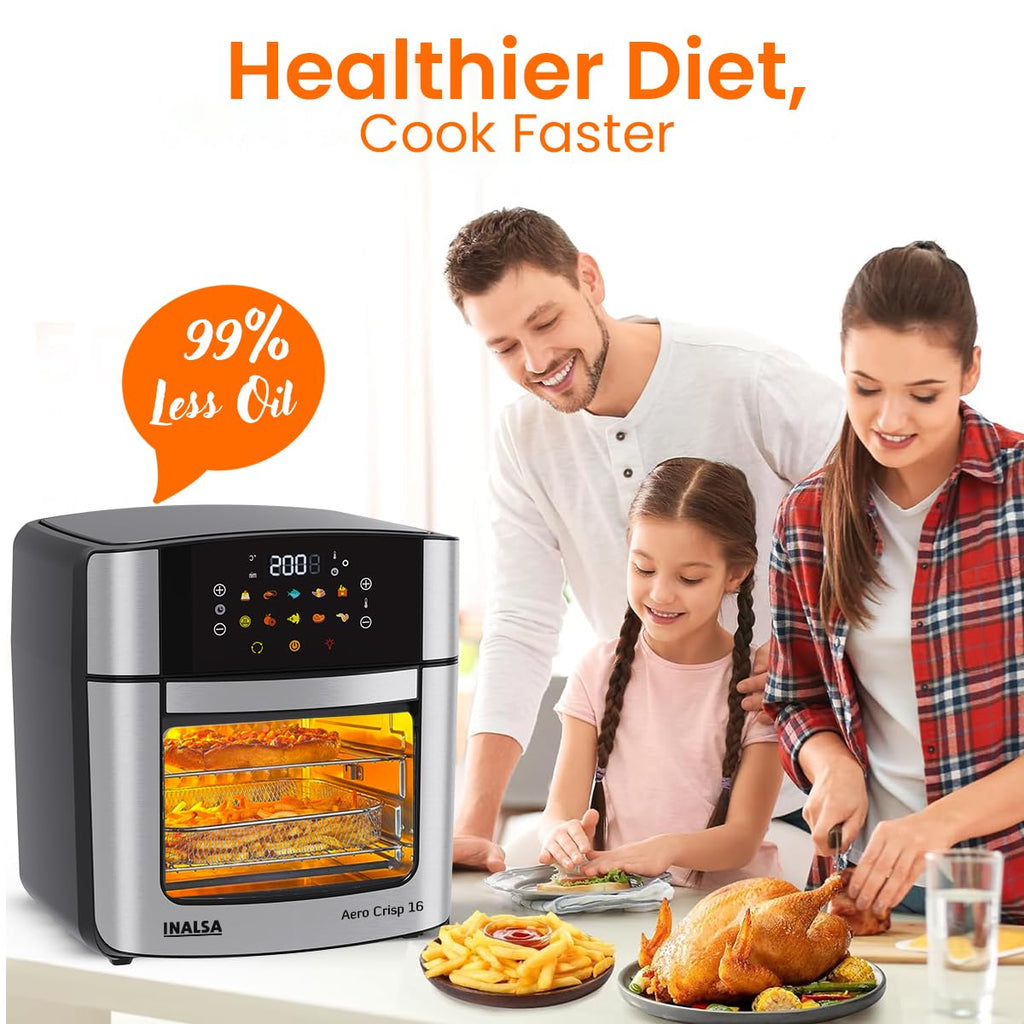 INALSA Air Fryer Oven|16L, 1800W|Stainless Steel Body12-in-1 Functions,Fry,Bake,Grill,Dehydrate,Roast& Reheat|10 Preset|Rotisserie & Convection|Dishwasher Safe Accessories|2Yr Warranty,Aero Crisp 16