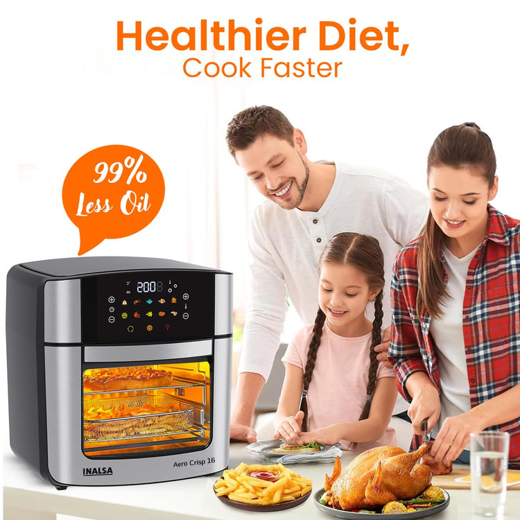INALSA Air Fryer Oven|16L, 1800W|Stainless Steel Body12-in-1 Functions,Fry,Bake,Grill,Dehydrate,Roast& Reheat|10 Preset|Rotisserie & Convection|Dishwasher Safe Accessories|2Yr Warranty,Aero Crisp 16