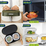 Borosil Eateasy Borosilicate Glass Lunchbox with Bag | 2 pc Round Container Set (400 ml Each) | Microwave & Dishwasher Safe, Leakproof | Tiffin for Office, School, College | Transparent, Horizontal