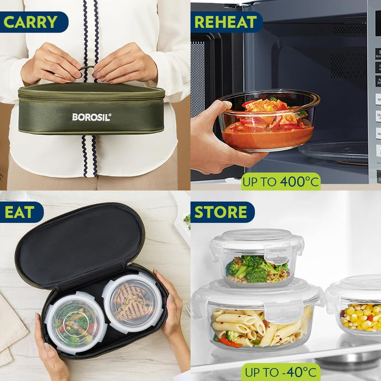 Borosil Eateasy Borosilicate Glass Lunchbox with Bag | 2 pc Round Container Set (400 ml Each) | Microwave & Dishwasher Safe, Leakproof | Tiffin for Office, School, College | Transparent, Horizontal