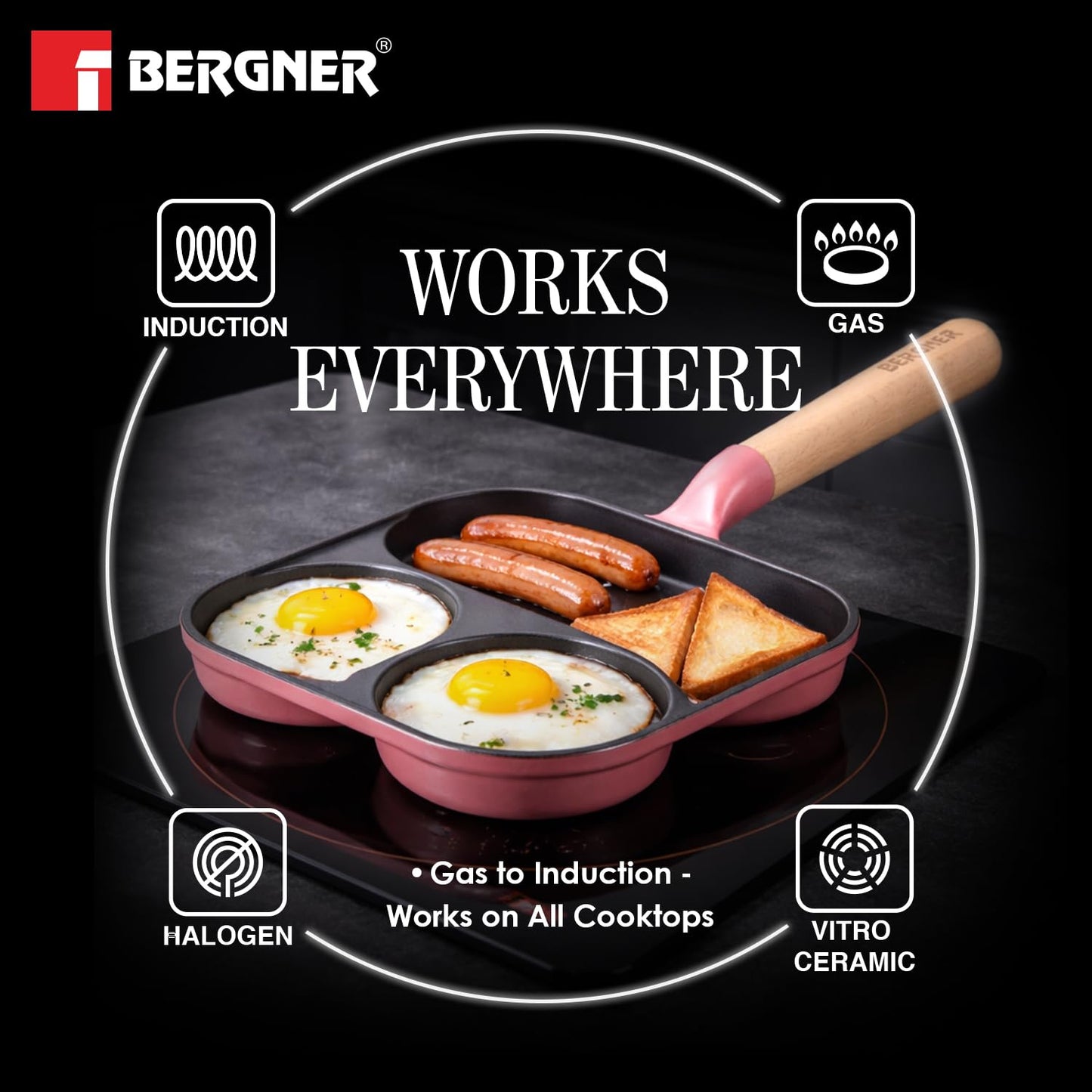 BERGNER Excalibur Lightweight Cast Iron 18cm Breakfast Pan, Sturdy Wooden Handle, Non-Stick Coating, PFAS Free, Perfect Heat Distribution, Elegant Design - Induction Compatible (Pink)