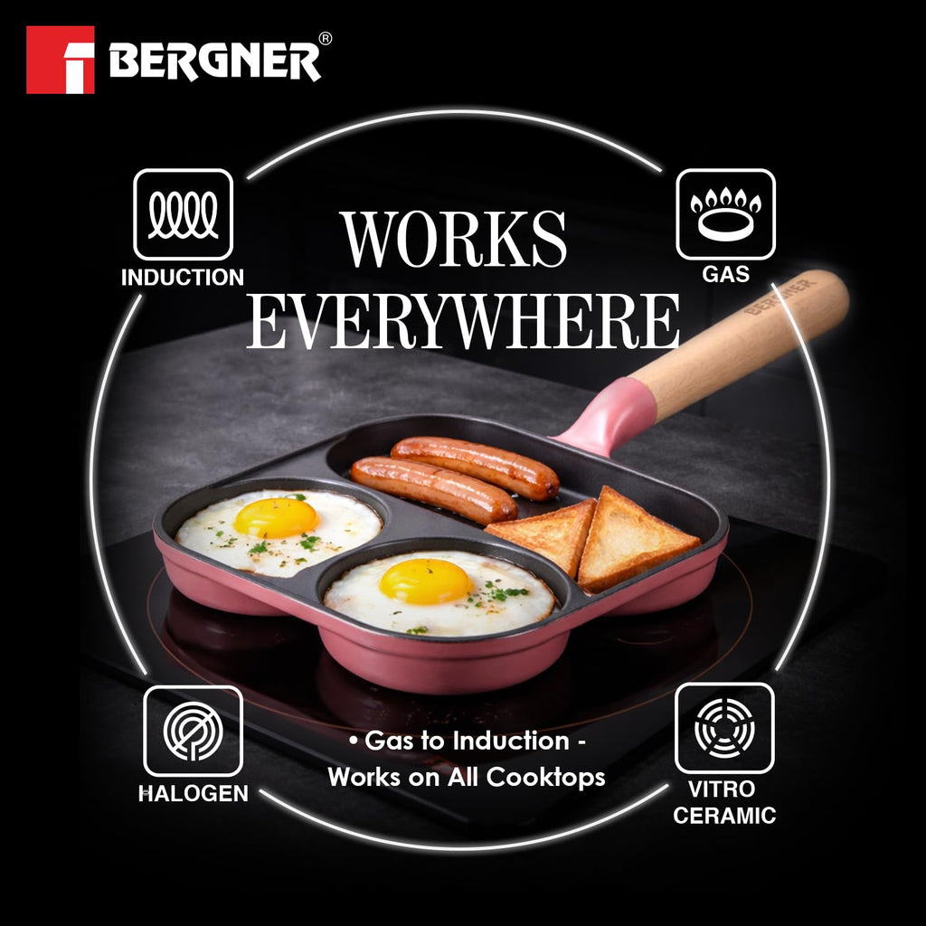 BERGNER Excalibur Lightweight Cast Iron 18cm Breakfast Pan, Sturdy Wooden Handle, Non-Stick Coating, PFAS Free, Perfect Heat Distribution, Elegant Design - Induction Compatible (Pink)