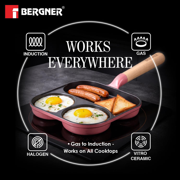 BERGNER Excalibur Lightweight Cast Iron 18cm Breakfast Pan, Sturdy Wooden Handle, Non-Stick Coating, PFAS Free, Perfect Heat Distribution, Elegant Design - Induction Compatible (Pink)