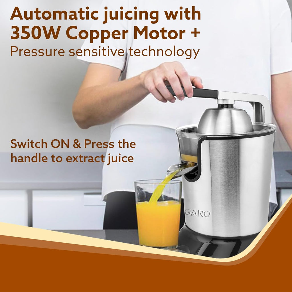 AGARO Regency Electric Citrus Juicer 350W, 650 ml, Pulp Regulator, AC Copper Motor, 2 Cones For All Citrus fruits, 2 filters, Anti Drip, Stainless Steel Body, Silver & Black