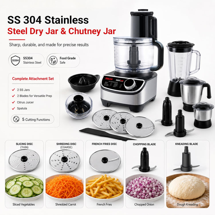 INALSA food processor for kitchen with Mixer Grinder Juicer|1200 Watt Copper Motor|3 Jars|2.5 L Processing Jar|Chopping & Kneading Blade|Centrifugal/Citrus Juicer|Shredding|Slicing-INOX 1200