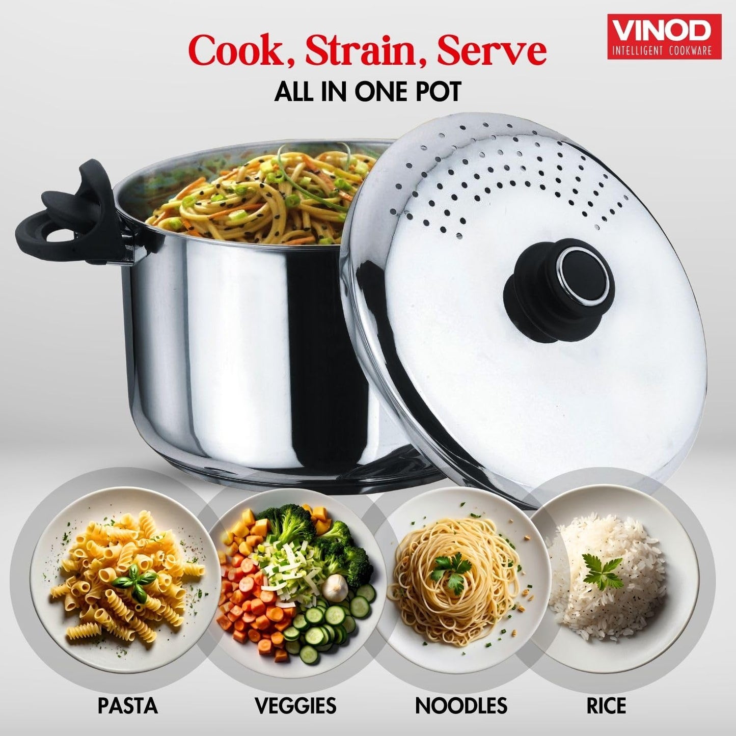 Vinod Stainless Steel Rice Pot with Strainer Lid - 4 L, 20cm | Noodles & Pasta Steamer, Rice Maker Cooker & Veggies Boiler with Locking Handles, 3-Layer SAS Induction Bottom, Small - 2 Year Warranty