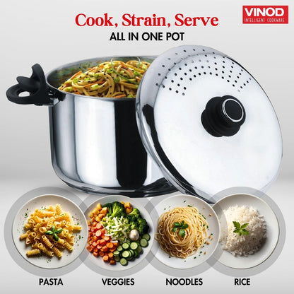 Vinod Stainless Steel Rice Pot with Strainer Lid - 4 L, 20cm | Noodles & Pasta Steamer, Rice Maker Cooker & Veggies Boiler with Locking Handles, 3-Layer SAS Induction Bottom, Small - 2 Year Warranty