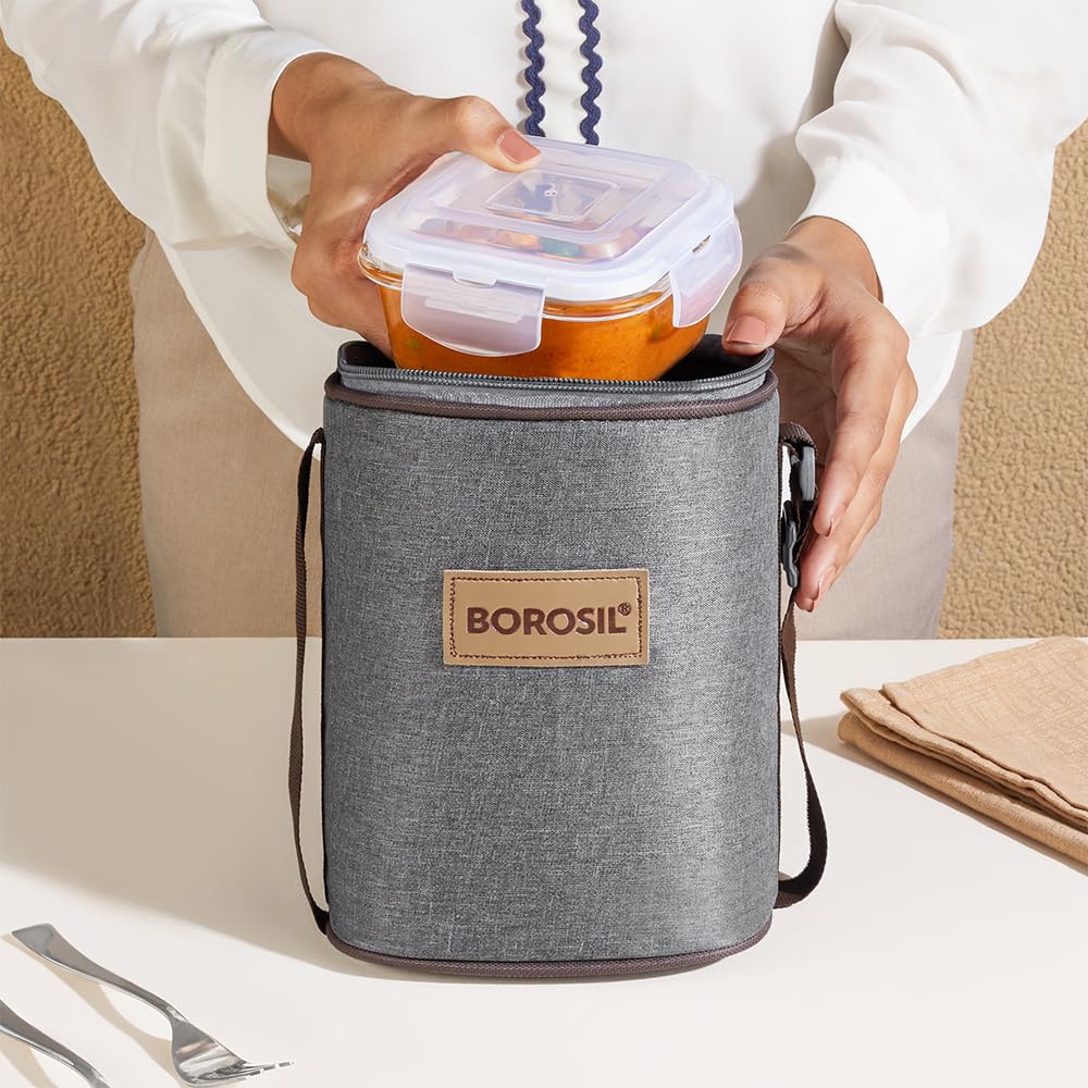 Borosil Pro Borosilicate Glass Lunchbox with Bag | 3 pc Square Container Set (320 ml Each) | Microwave & Dishwasher Safe, Leakproof | Tiffin for Office, School, College | Transparent