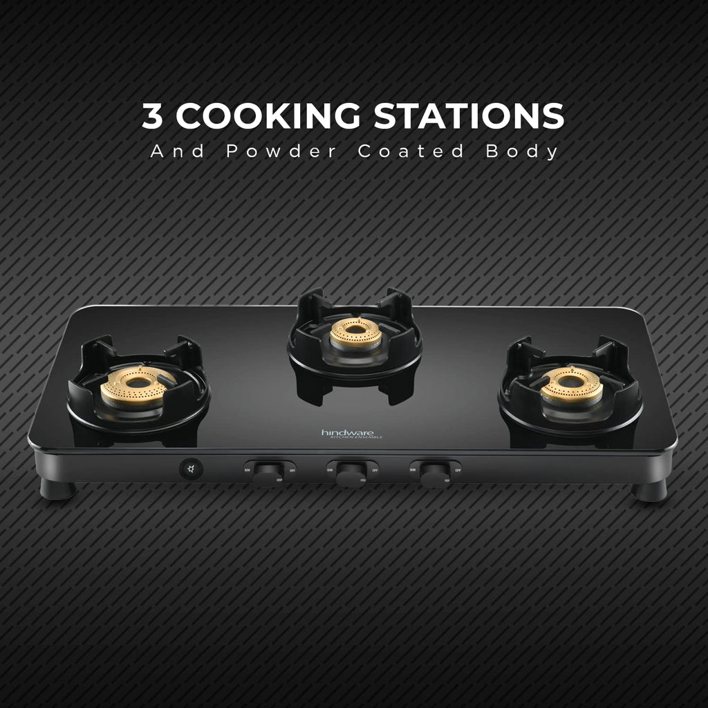 Hindware Smart Appliances | Alverio 3 Burner Glass Gas Stove | 8mm Thick Toughened Glass | Double Drip Tray | Corrosion Resistant Brass Burners Safe For Utensils (Black, Auto-Ignition) - Open
