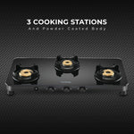 Hindware Smart Appliances | Alverio 3 Burner Glass Gas Stove | 8mm Thick Toughened Glass | Double Drip Tray | Corrosion Resistant Brass Burners Safe For Utensils (Black, Auto-Ignition) - Open