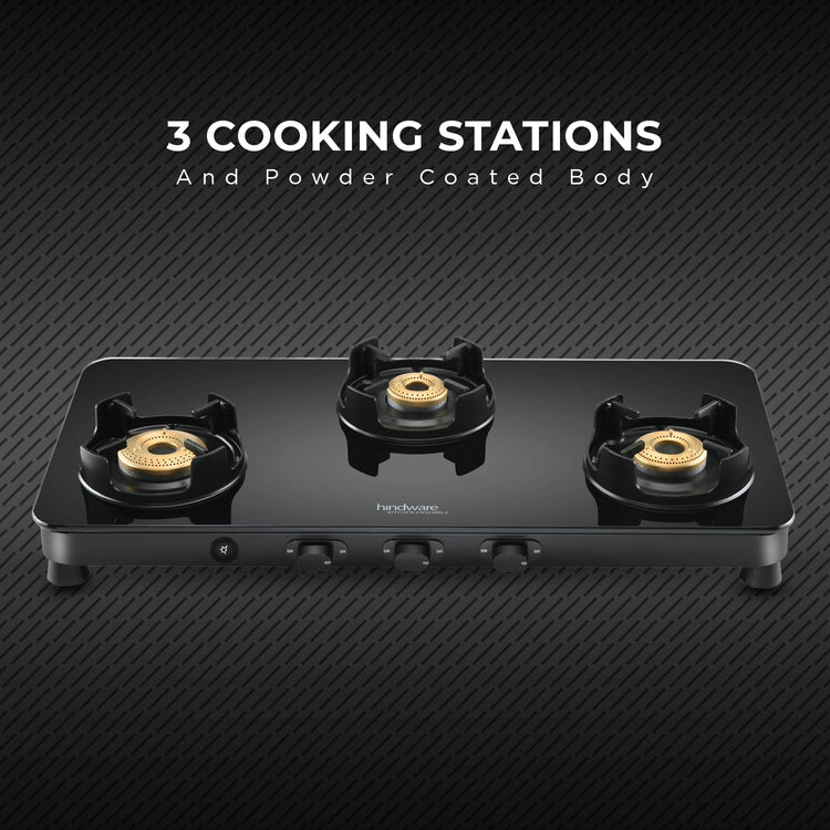 Hindware Smart Appliances | Alverio 3 Burner Glass Gas Stove | 8mm Thick Toughened Glass | Double Drip Tray | Corrosion Resistant Brass Burners Safe For Utensils (Black, Auto-Ignition) - Open