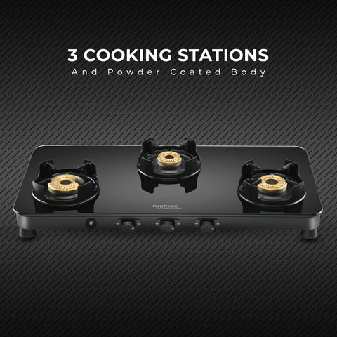 Hindware Smart Appliances | Alverio 3 Burner Glass Gas Stove | 8mm Thick Toughened Glass | Double Drip Tray | Corrosion Resistant Brass Burners Safe For Utensils (Black, Auto-Ignition) - Open