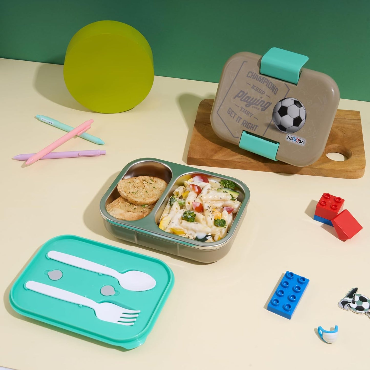 Nayasa Marco 2 Compartment Stainless Steel Insulated Lunch Box for Kids Boys | Football Champion Print | Vacuum Sealed Leak Proof Tiffin Box | 650 ml | Grey