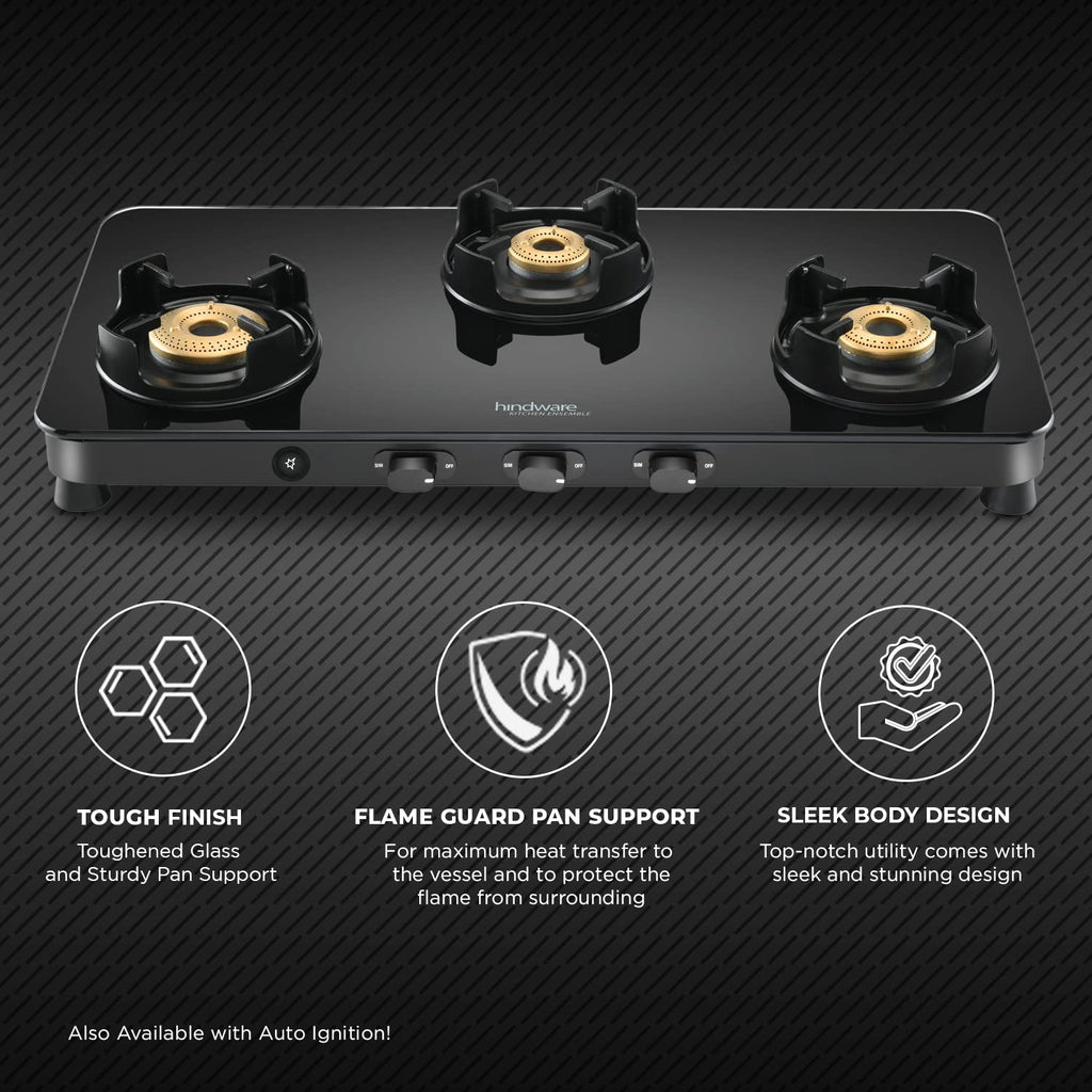 Hindware Smart Appliances | Alverio 3 Burner Glass Gas Stove | 8mm Thick Toughened Glass | Double Drip Tray | Corrosion Resistant Brass Burners Safe For Utensils (Black, Auto-Ignition) - Open