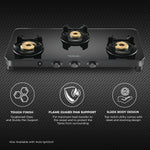 Hindware Smart Appliances | Alverio 3 Burner Glass Gas Stove | 8mm Thick Toughened Glass | Double Drip Tray | Corrosion Resistant Brass Burners Safe For Utensils (Black, Auto-Ignition) - Open