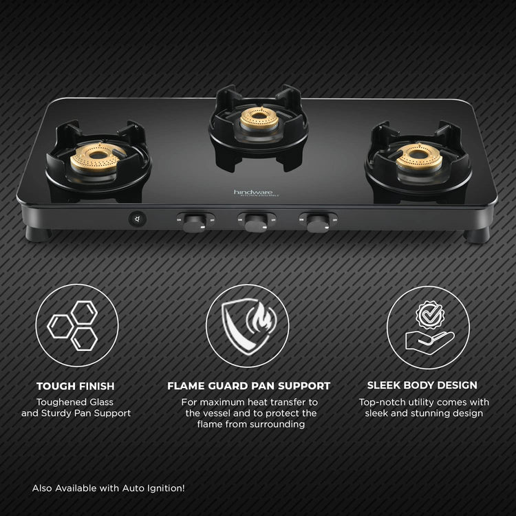 Hindware Smart Appliances | Alverio 3 Burner Glass Gas Stove | 8mm Thick Toughened Glass | Double Drip Tray | Corrosion Resistant Brass Burners Safe For Utensils (Black, Auto-Ignition) - Open