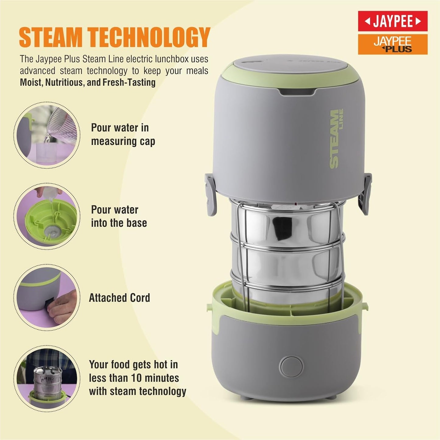 Jaypee Plus Steamline Electric Lunch Box Stainless Steel containers 300X3 ml with Bag, Power Cord & Measuring Cup Lunch Box for Offfice Reheat Food in 15 Minute Auto Cut steam Technology,Grey Green