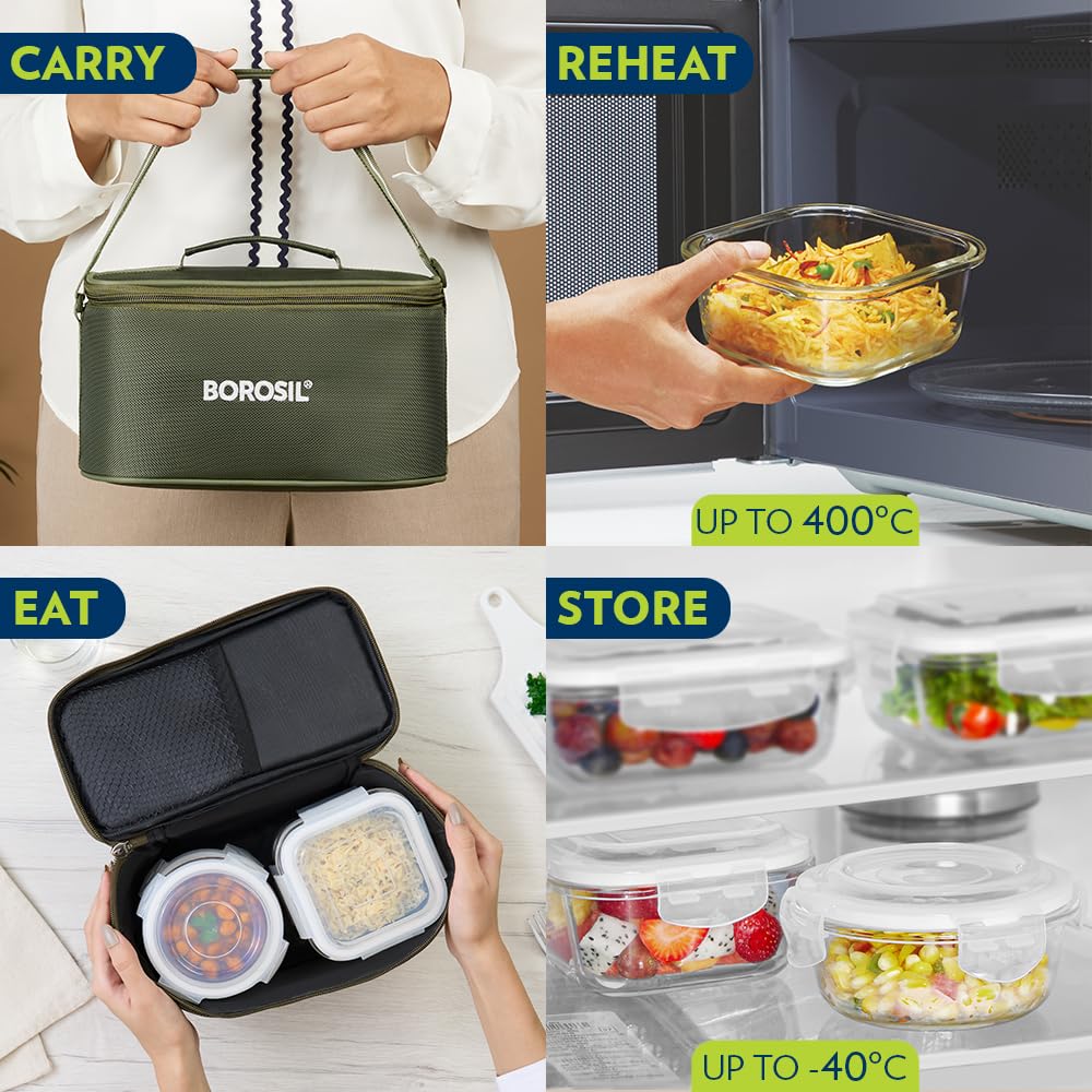 Borosil Eateasy Universal Borosilicate Glass Lunchbox with Bag | Set of 4 (320ml x 2 Square + 240ml x 2 Round) | Microwave & Dishwasher Safe, Leakproof | Tiffin for Office, School | Transparent