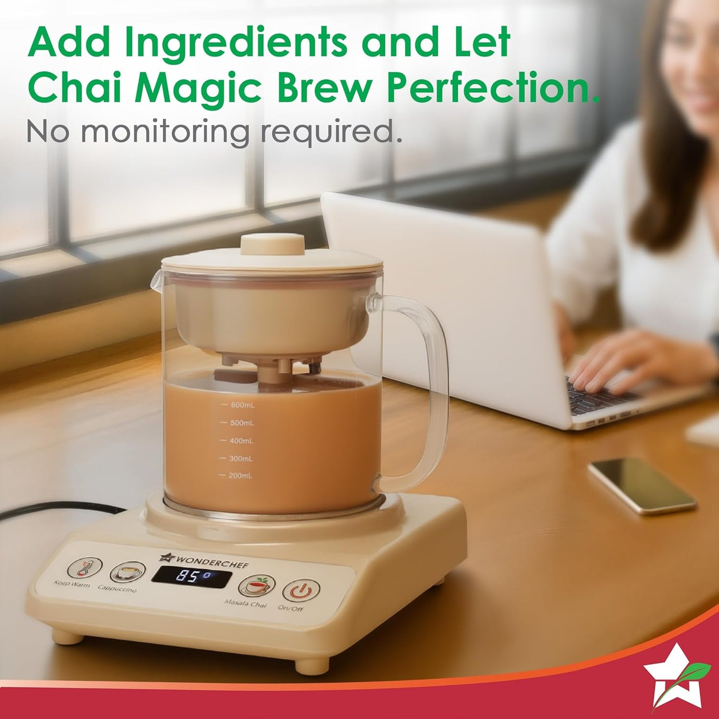 Wonderchef Chai Magic, Fully Automatic Tea & Cappuccino Maker, Make Masala Chai/Cutting Chai/Kahwa/, No Spills, No Overcooking, 4 Modes, Boil Milk/Water/Coffee, 500ML Glass Jar, 2-Yr Warranty