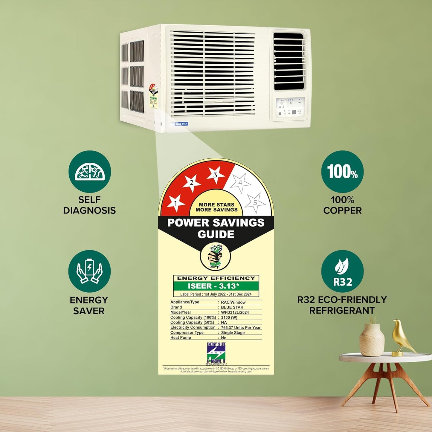 Bluestar 1 Ton 3 Star Fixed Speed Window AC (Copper, Turbo Cool, Fan Modes-Auto/High/Medium/Low, Hydrophilic Blue Fins, Dust Filters, Self-Diagnosis, 2024 Model, WFD312L, White)
