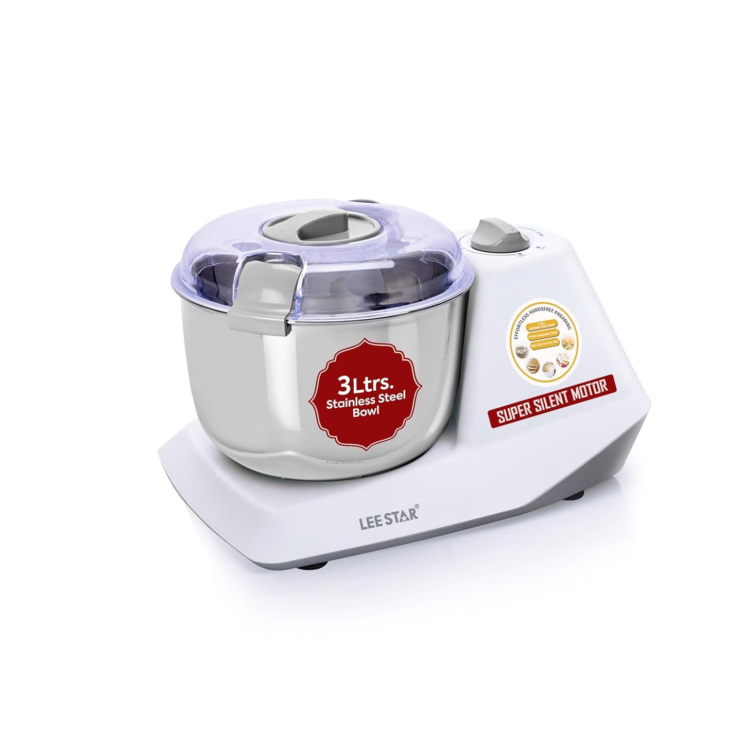 Lee Star Automatic Electric Atta Kneader, Dough Mixer Machine, Atta Kneader Machine with 3L Stainless Steel Bowl, 650W - White (LE-837)