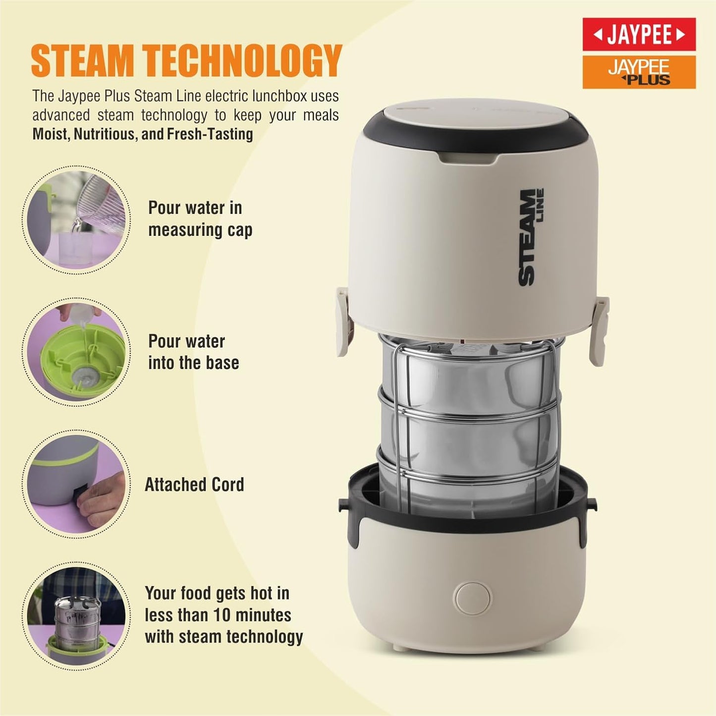 Jaypee Plus Steamline Electric Lunch Box Stainless Steel containers 300X3 ml with Bag, Power Cord & Measuring Cup Lunch Box for Offfice Reheat Food in 15 Minute Auto Cut steam Technology,Beige